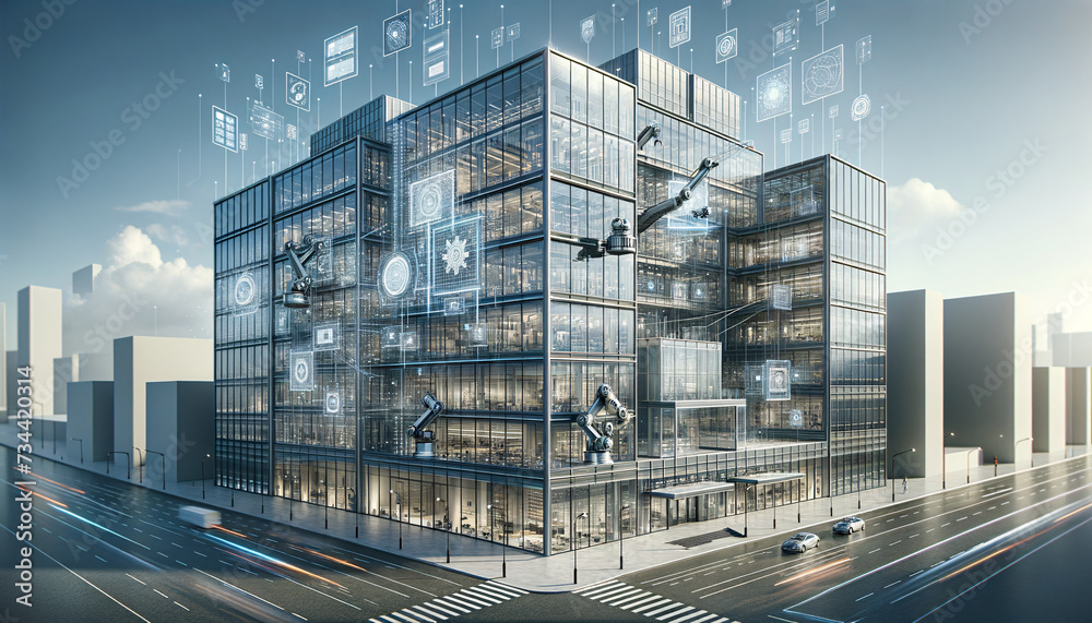 Cutting-edge smart building facade with integrated automation and digital disintegration.