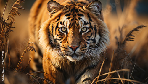 Majestic Bengal tiger hiding in the wilderness, staring fiercely generated by AI © grgroup