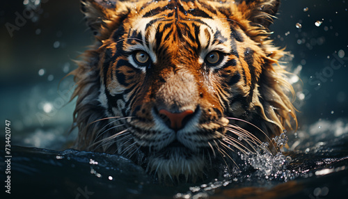Majestic tiger stares  reflecting beauty in nature tranquil pond generated by AI