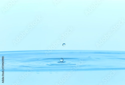 Drops falling into clear water on light blue background, closeup