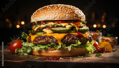 Grilled gourmet burger with cheese, tomato, and onion generated by AI