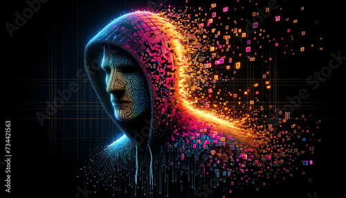 Glowing neon hacker silhouette disintegrating into digital blocks on dark background.