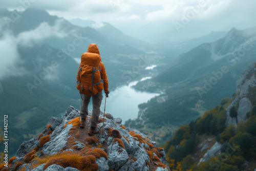 A photograph of a hiker taking a moment to appreciate the breathtaking view from a mountaintop, conveying the authenticity of personal achievement. Generative Ai.