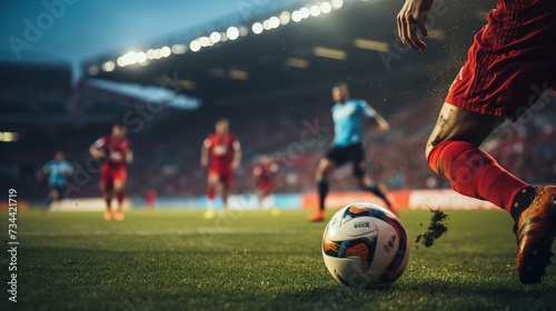 Close-up of a Leg in a Boot Kicking Football Ball. Professional Soccer Player Hits Ball © Vasiliy