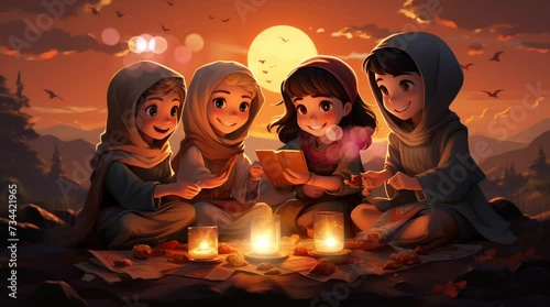 childrens cartoon illustration of Ramadhan photo