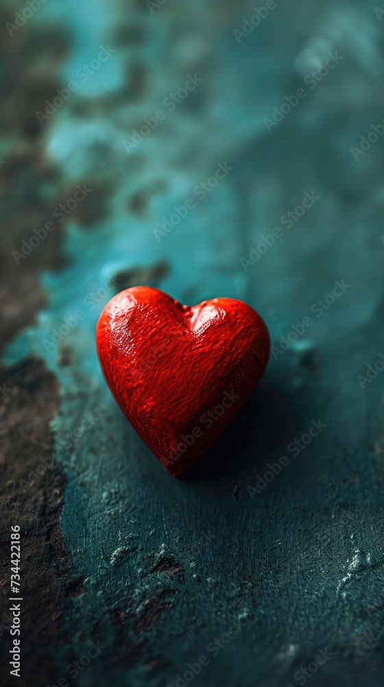 red heart lying down against old rustic blue metal red heart lying down against old rustic blue metal