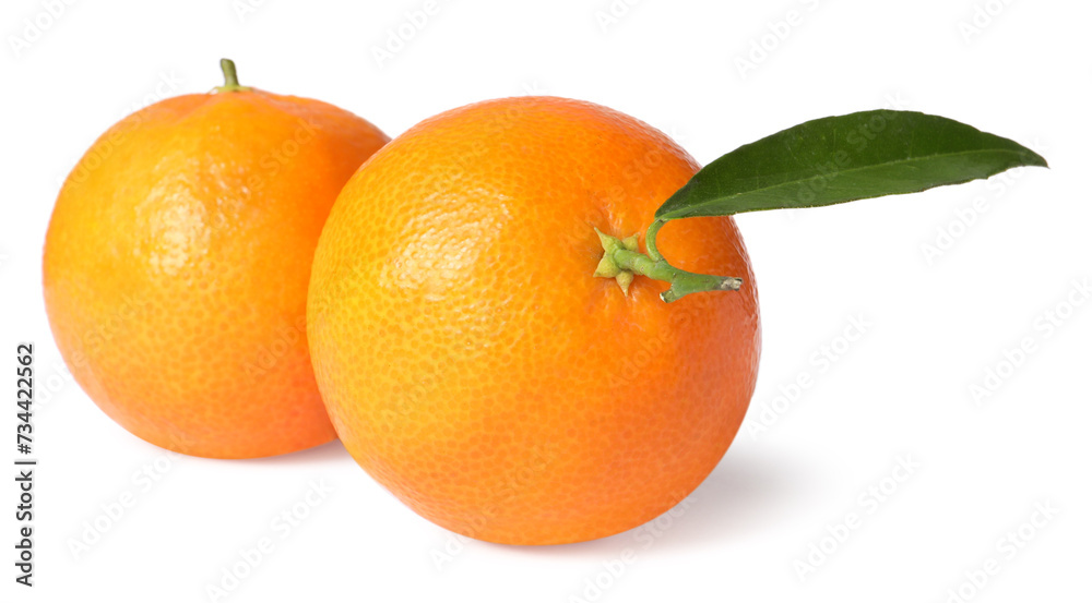 Fresh ripe juicy tangerines with green leaf isolated on white Fresh ripe juicy tangerines with green leaf isolated on white