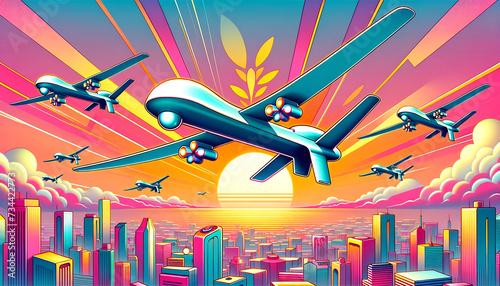 Utopian Skyscape: Colorful fleet of futuristic UAVs soaring through a vibrant sunrise.