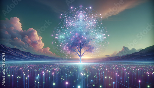 Futuristic Merkle Tree gracefully disintegrating into digital fragments