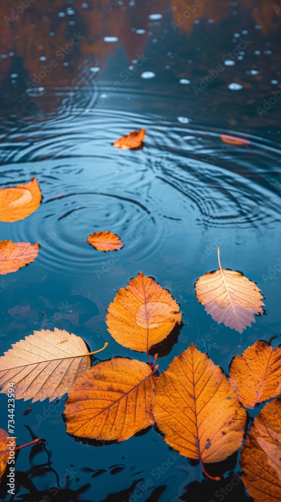 Autumn's beauty captured in a tranquil pond, where orange leaves dance on the water's surface, creating a mesmerizing reflection Autumn's beauty captured in a tranquil pond, where orange leaves dance on the water's surface, creating a mesmerizing reflection
