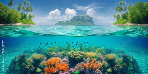 A vibrant underwater world teeming with life, where a majestic coral reef stands tall amidst the aqua waters, framed by a clear blue sky and lush greenery on a distant island