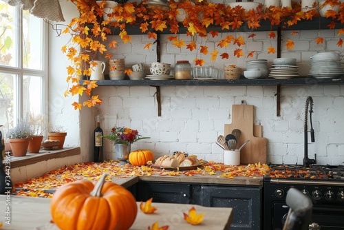 An indoor kitchen transforms into a vibrant still life with a display of autumn's bounty - a wall adorned with orange leaves, a pot of simmering squash and cucurbita, and a window showcasing the seas photo