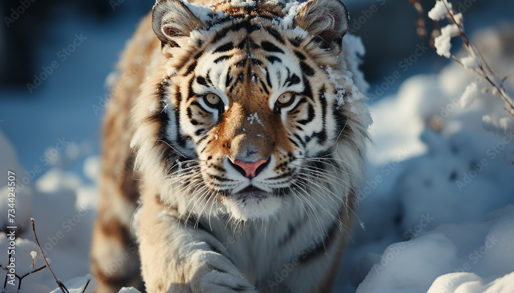 Obraz premium Majestic Bengal tiger staring, close up, in the snowy forest generated by AI