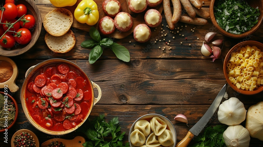 Rustic Polish Cuisine Flat Lay on Wooden Table

