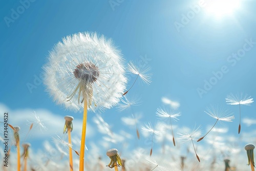 Vibrant dandelions stand tall against the lush green grass, their delicate petals reaching towards the endless blue sky in a peaceful display of nature's beauty