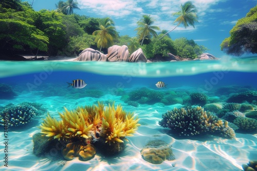 Immerse yourself in the vibrant colors and tranquil beauty of a tropical paradise, where towering trees meet crystal clear waters and a thriving reef teeming with aquatic life beckons for a refreshin photo