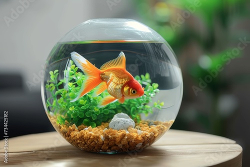 A vibrant goldfish glides gracefully through the serene world of an intricately designed freshwater aquarium, surrounded by lush greenery and stylish dishware on a table photo