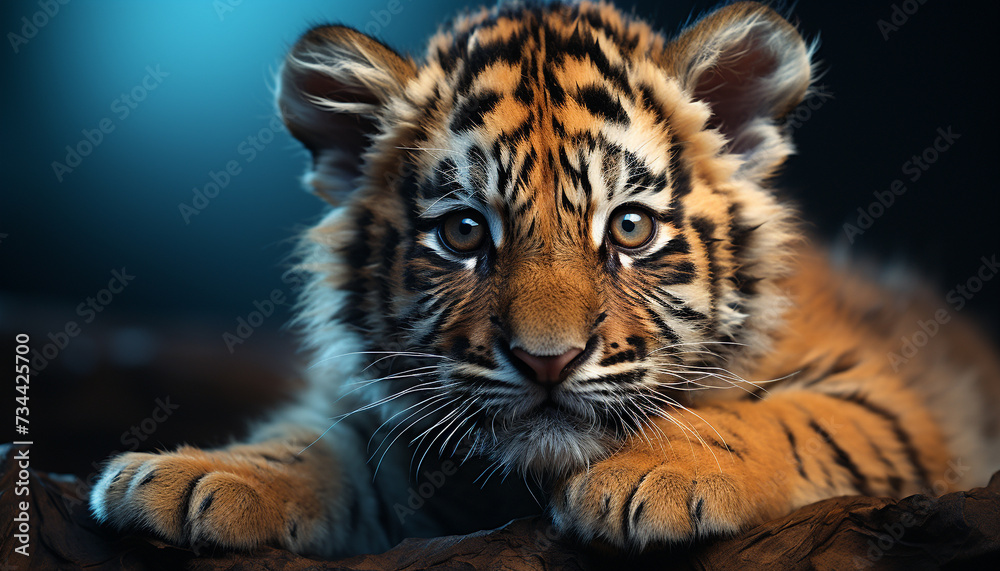 Obraz premium Majestic tiger staring, cute cub, beauty in nature generated by AI