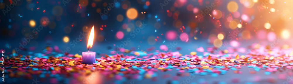A single lit candle stands amid vibrant confetti with a backdrop of warm bokeh lights, conveying a celebratory mood. Perfect for simple poster layout.