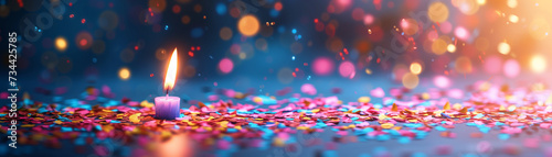 A single lit candle stands amid vibrant confetti with a backdrop of warm bokeh lights, conveying a celebratory mood. Perfect for simple poster layout.