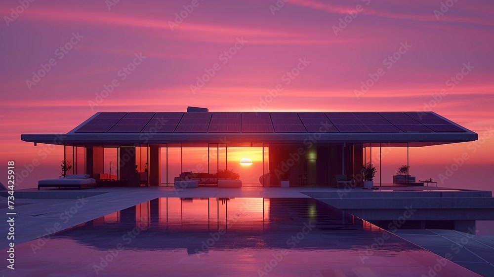 Sunset Over Modern Home with Solar Panels

