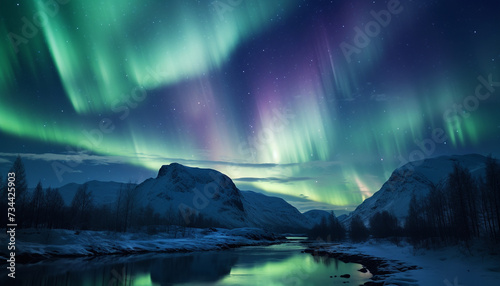 Majestic mountain range illuminated by starry polar aurora generated by AI
