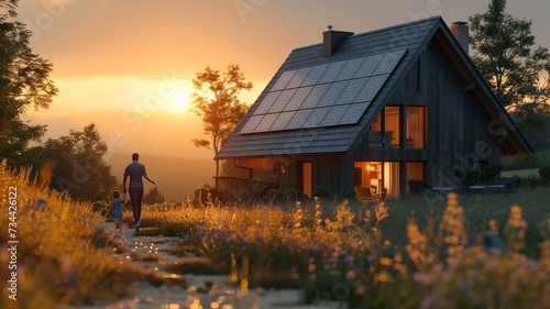 Sunset Over Modern Home with Solar Panels   © Kristian