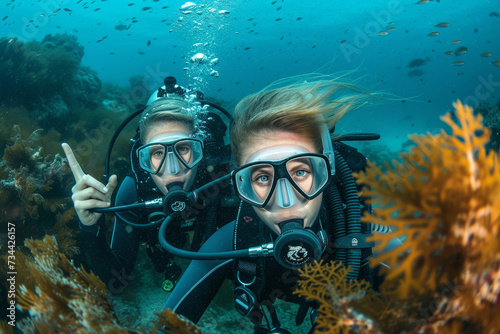 Exploring the vibrant marine life, a couple of scuba divers gracefully glide through crystal clear waters surrounded by colorful coral reefs and mesmerizing seaweed, equipped with their diving gear a