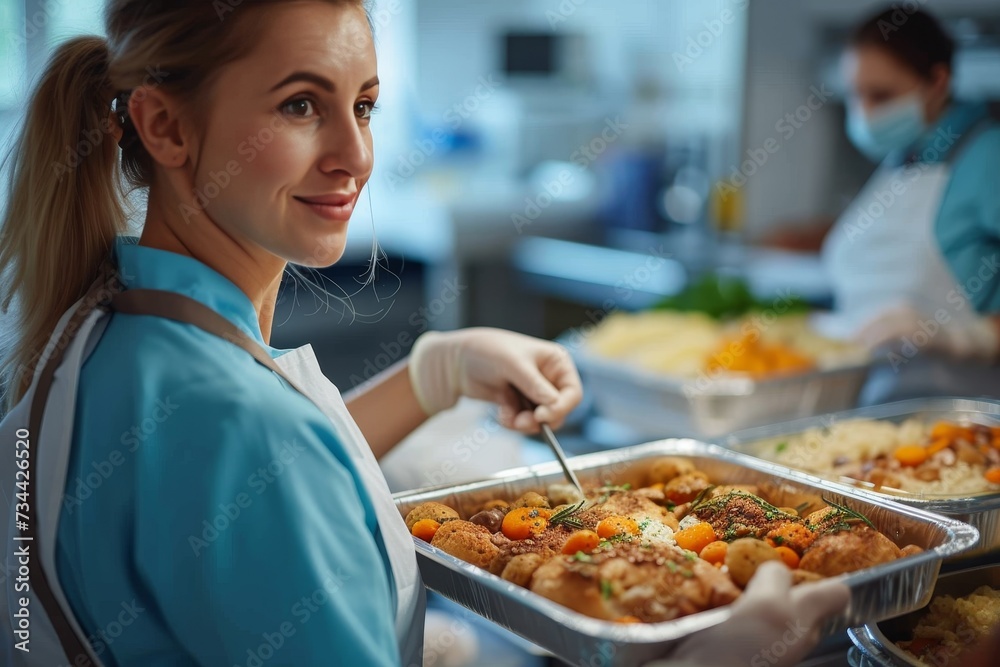 A busy woman dressed in casual clothing prepares a delicious fast food meal with care and love, showcasing her talent for cooking and her passion for creating tasty cuisine