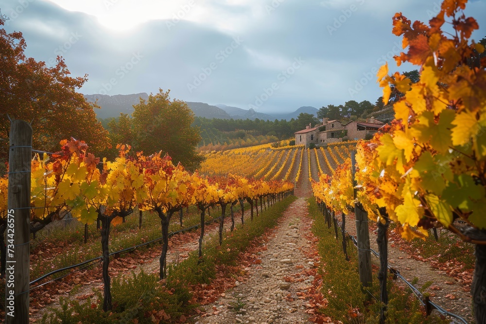 Naklejka premium A golden vineyard stands against the autumn sky, its yellow leaves and grape-filled branches painting a picture of harvest and transformation in the outdoor winery