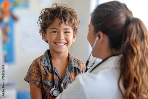 A cheerful young girl stands proudly, her ponytail swaying as she listens to the human heartbeat through her stethoscope, with a woman's smile in the background and clothing hanging on the wall behin photo