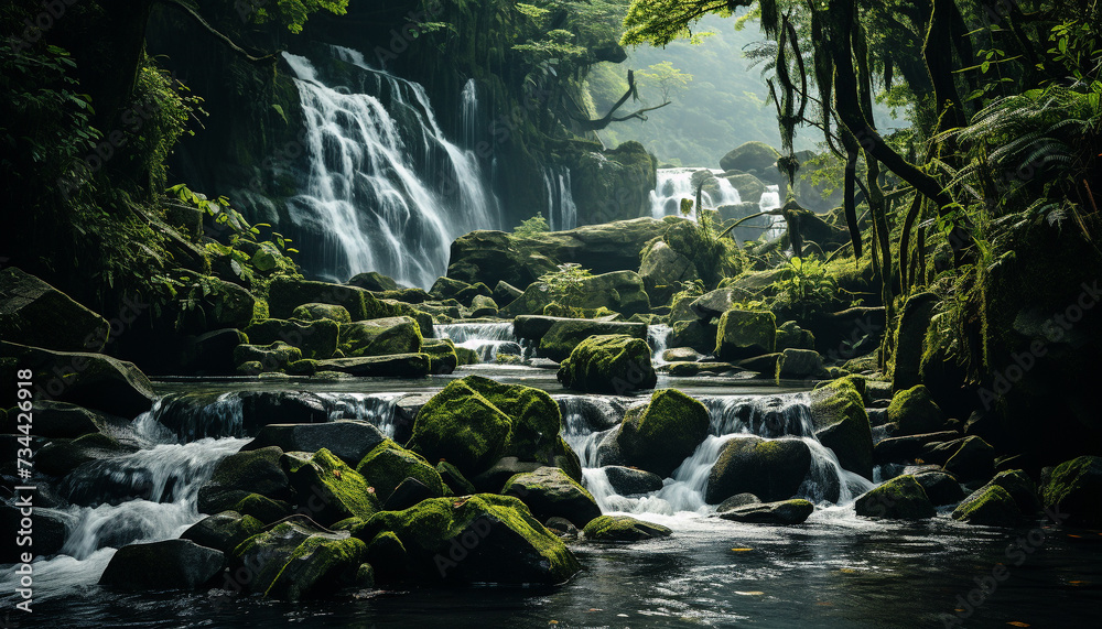 Majestic tropical rainforest, flowing water, tranquil cliff, blurred motion generated by AI