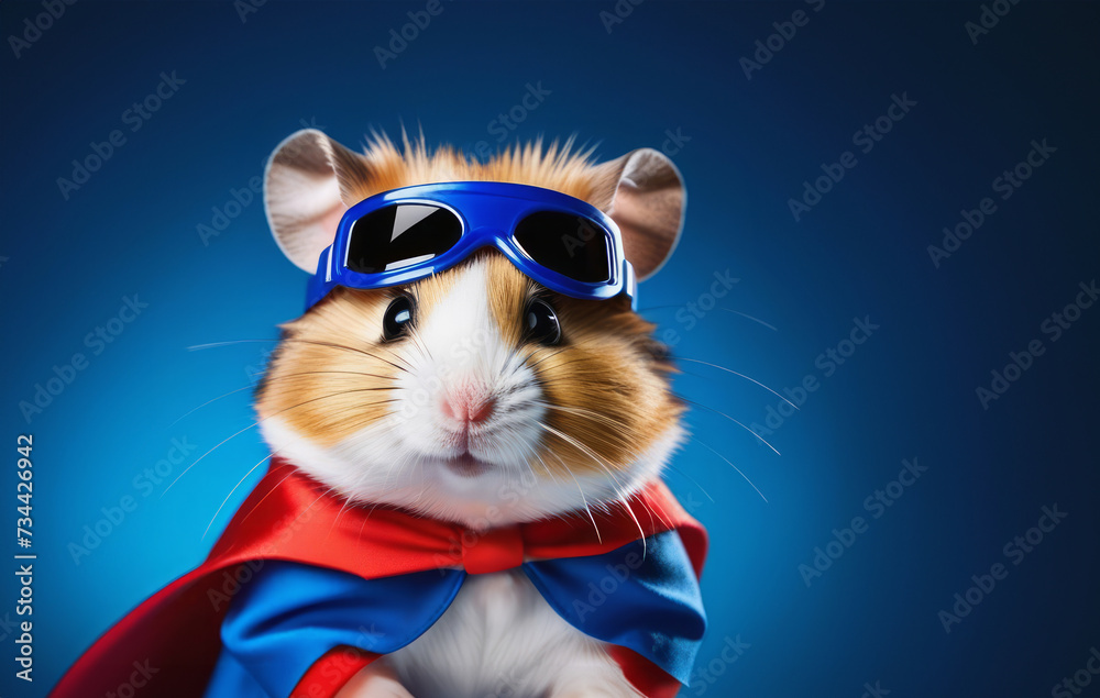 Portrait fat hamster in a superhero costume flying in a blue background. Hero concept.