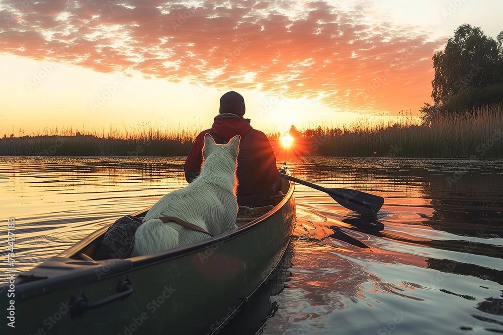 As the sun sets on the tranquil lake, a man and his loyal dog glide through the serene waters in their trusty canoe, surrounded by towering trees and fluffy clouds