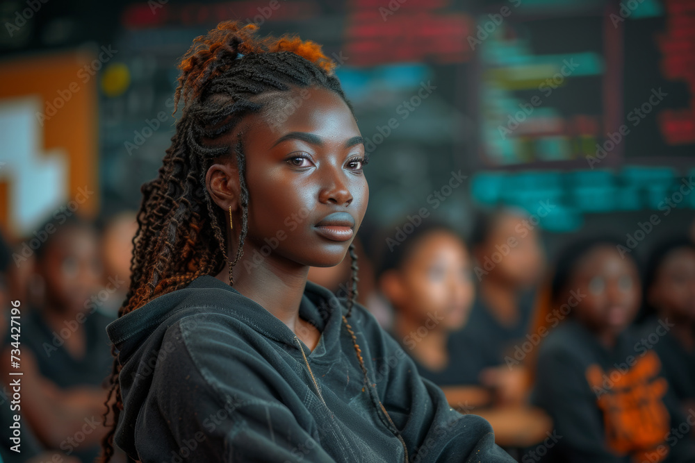 A woman confidently leading a coding workshop, emphasizing the significance of women's contributions to the tech and programming fields. Concept of women in coding and tech education. Generative Ai.