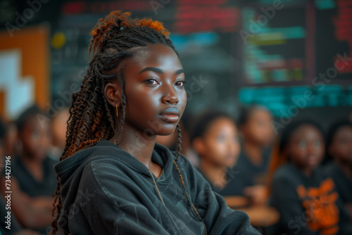 A woman confidently leading a coding workshop, emphasizing the significance of women's contributions to the tech and programming fields. Concept of women in coding and tech education. Generative Ai.
