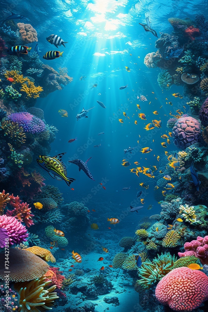 Naklejka premium A vibrant underwater world of diverse marine life thrives within the colorful stony corals of a bustling reef, providing a stunning glimpse into the delicate balance of nature and the endless wonder 