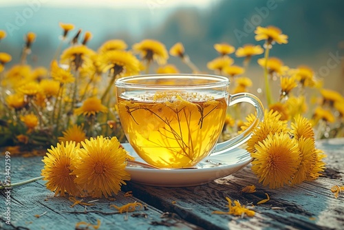 A serene outdoor scene of a cup of tea surrounded by vibrant yellow flowers in a glass serveware, inviting you to take a peaceful sip and bask in the beauty of nature