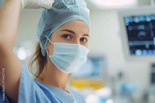 A woman dressed in medical scrubs and wearing a surgical mask and cap stands against a sterile white wall in a hospital room  ready to assist in a medical procedure with her gloved hands  representin