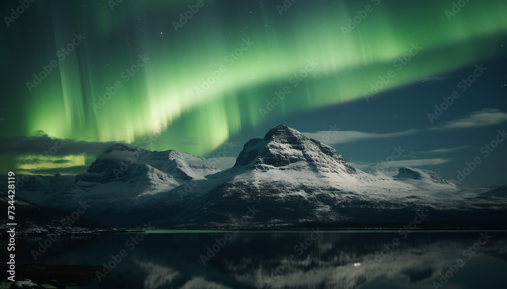 Majestic mountain peak reflects tranquil night sky in arctic generated by AI