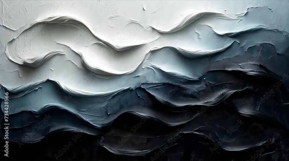 Abstract white black acrylic painted fluted 3d painting texture luxury background banner on canvas - Black White waves swirls. Decor concept. Wallpaper concept. Art concept. 3d concept.
