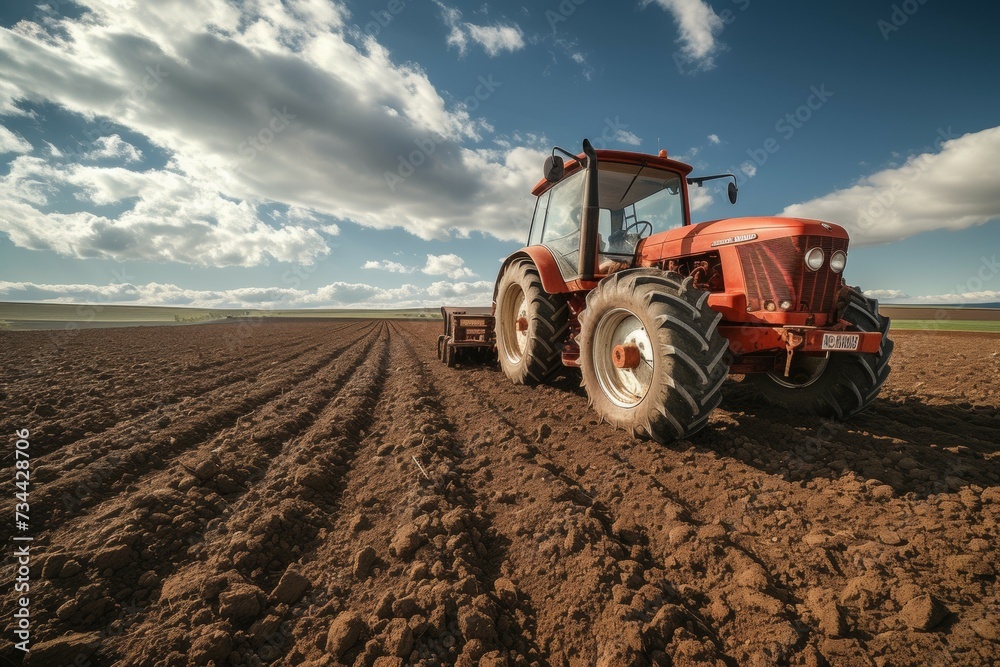 Tractor in the field. Background with selective focus and copy space Tractor in the field. Background with selective focus and copy space