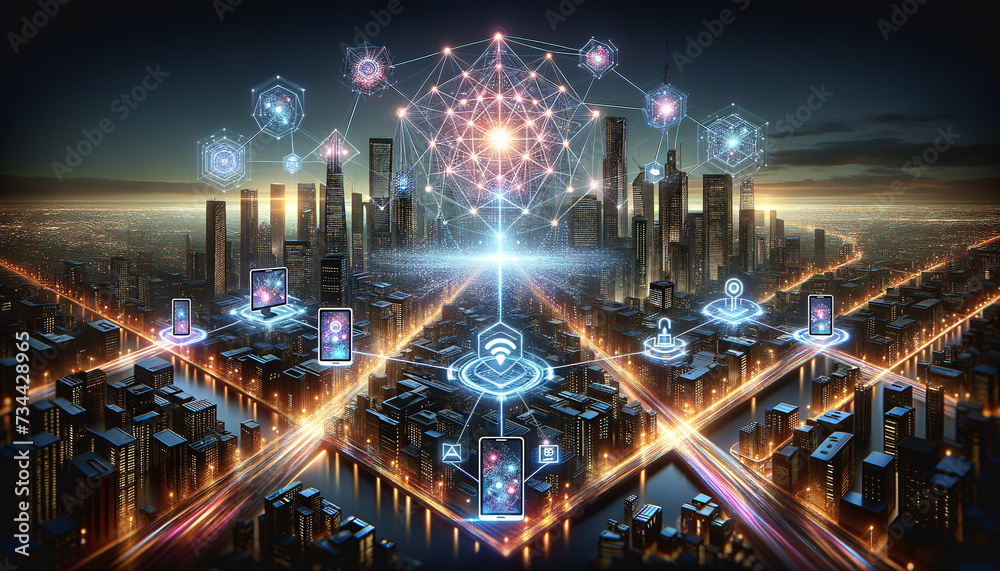 Futuristic cityscape with glowing network nodes and flowing data streams.