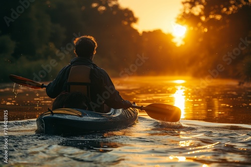 Under the vibrant sunset, a couple paddles through the peaceful river, basking in the warm glow of the rising sun while enjoying the serene outdoor recreation of kayaking