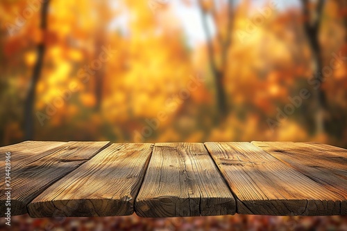 A rustic wooden table stands amidst a sea of fallen autumn leaves, surrounded by the peaceful embrace of a deciduous forest