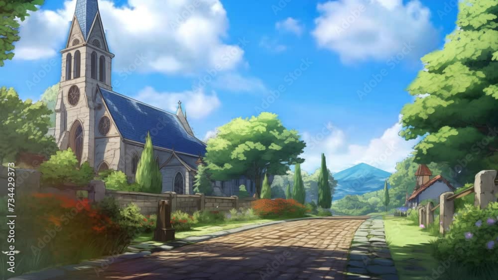 Animated illustration of a building for a place of worship in the countryside, with a view of the mountains. 4k loop animation with anime cartoon or digital painting style. Background animation.