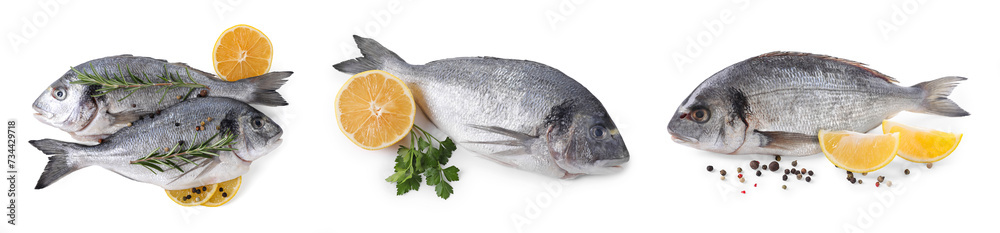 Raw dorada fish and lemon isolated on white, set Raw dorada fish and lemon isolated on white, set