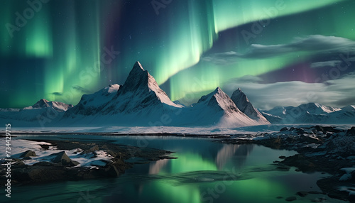 Majestic mountain peak illuminated by aurora polaris at night generated by AI