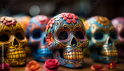Day of the Dead celebration  colorful decorations, spooky skulls generated by AI