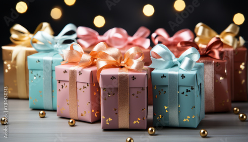 Shiny gift box wrapped in gold, illuminating Christmas celebration generated by AI